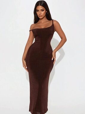 Fashion Nova Brown One-Shoulder Bodycon Maxi Dress